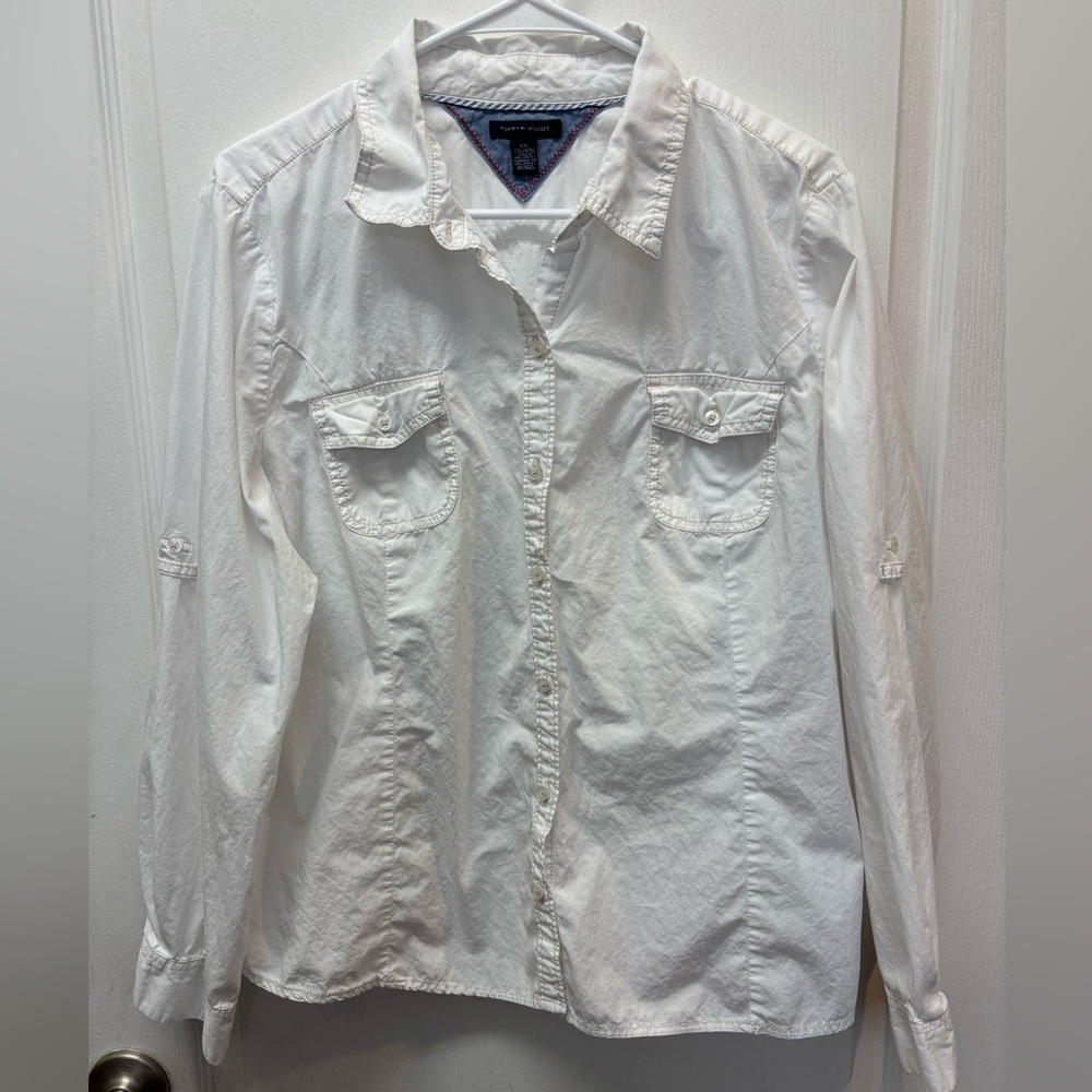 Unisex Tommy Hilfiger White Collared Button-Front Shirt Size XXL